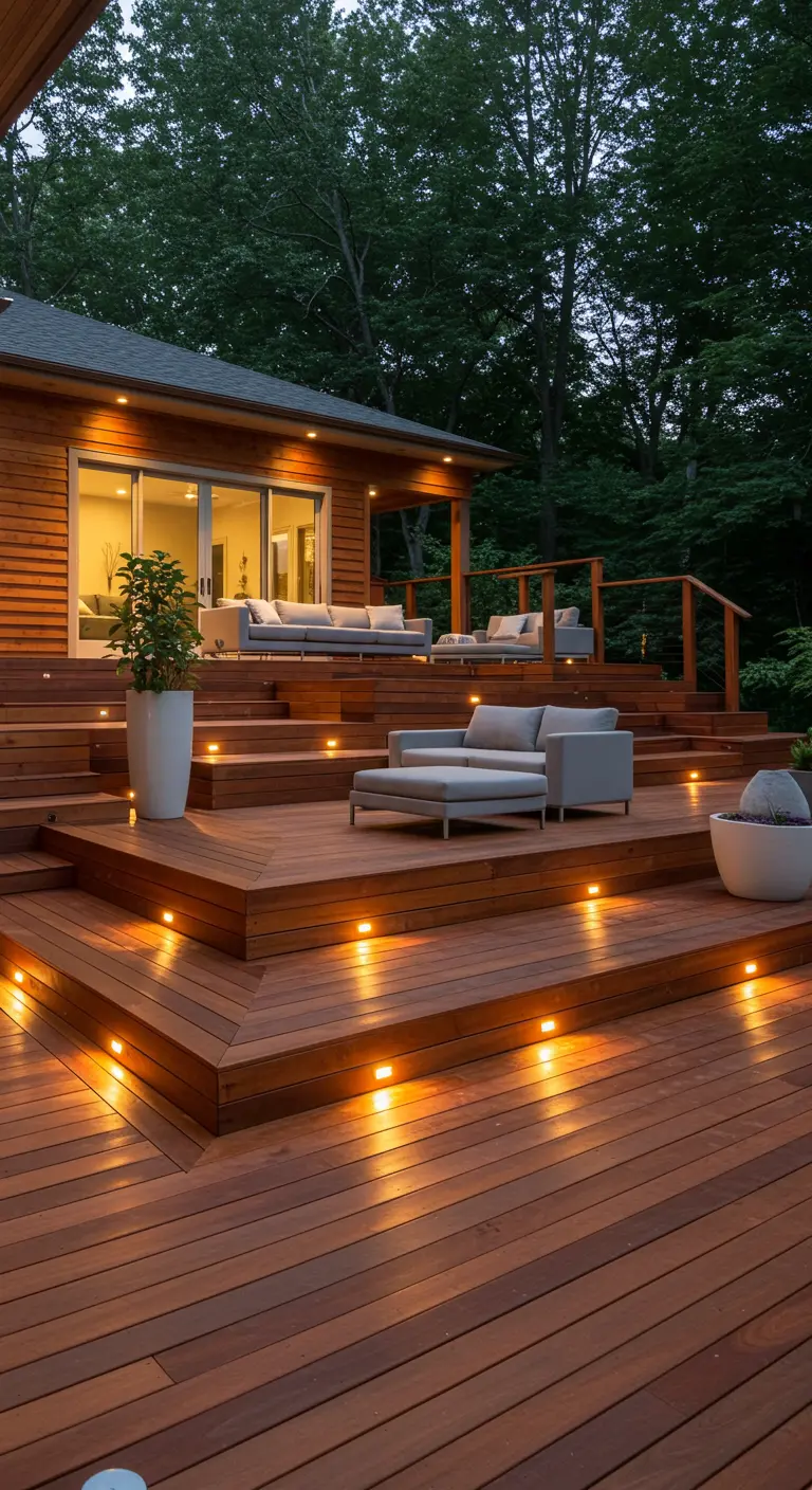 Escalier de terrasse en bois avec des lumières LED encastrées dans chaque marche.