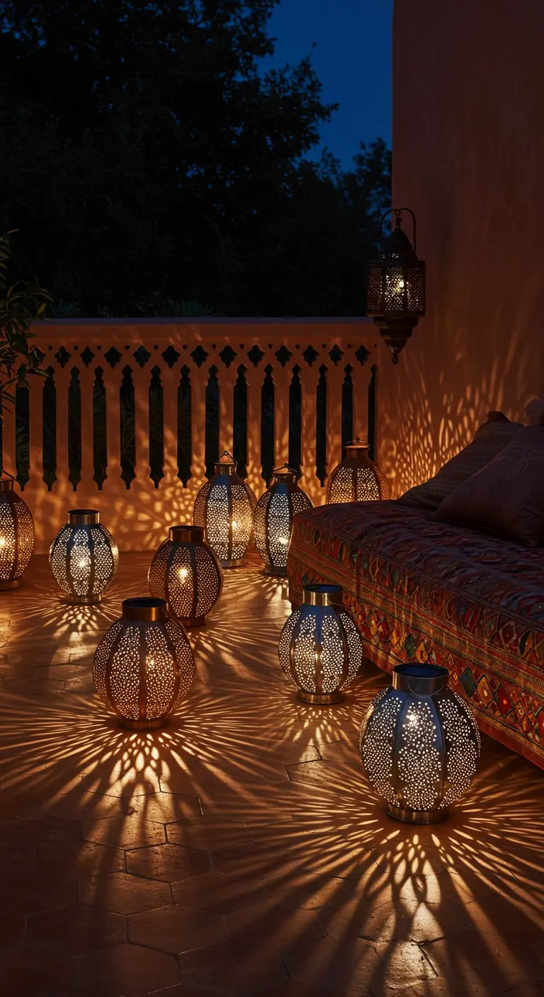 Plusieurs lanternes marocaines en métal perforé posées au sol, projetant des ombres.