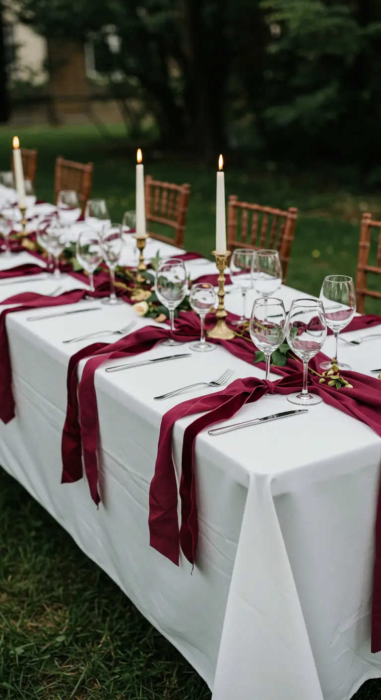 Table de réception en extérieur avec de longs rubans de soie bordeaux.