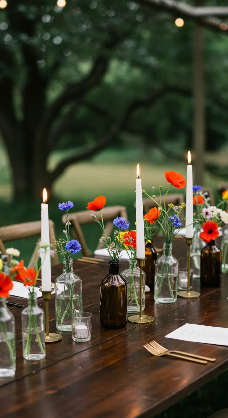Petites bouteilles de verre avec des fleurs des champs et de hautes bougies blanches.