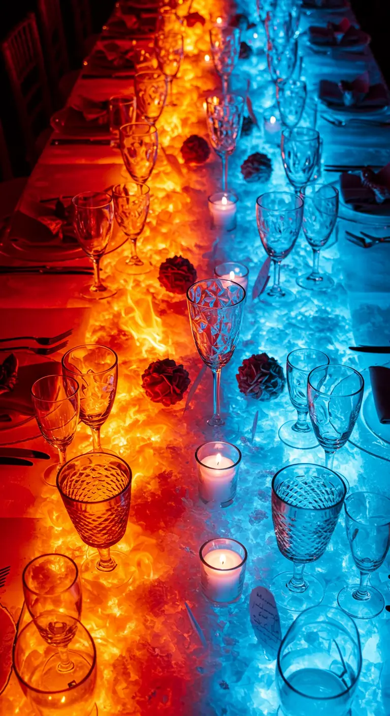 Longue table de fête éclairée par des lumières rouges et bleues créant un contraste saisissant.