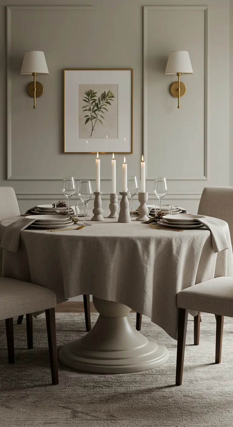 Table avec nappe en lin grège, vaisselle assortie, bougeoirs en bois, ambiance douce.