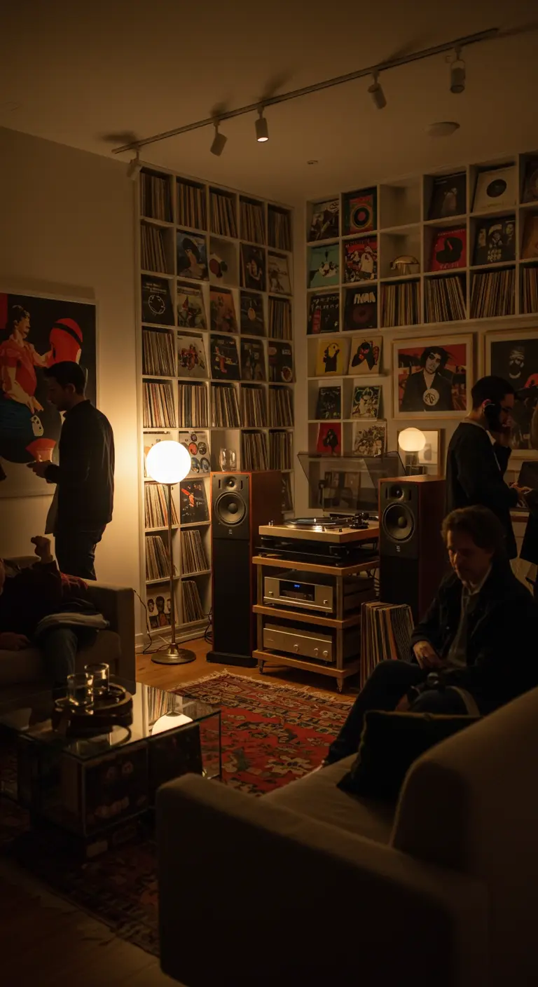 Salon avec des murs entièrement recouverts d'étagères de vinyles.