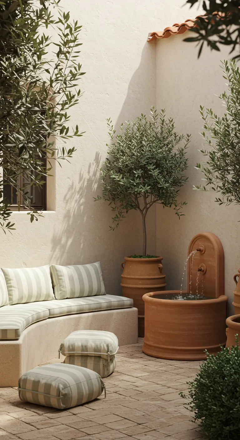 Coin salon extérieur avec une banquette, des coussins et une fontaine en terre cuite.
