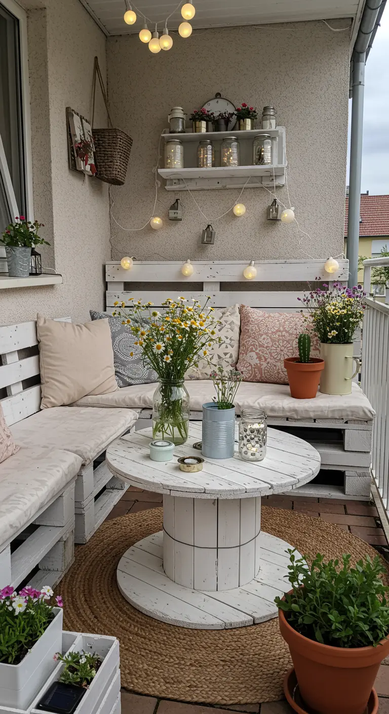 Balcon avec des meubles en palettes blanches, une table en touret et des fleurs fraîches.