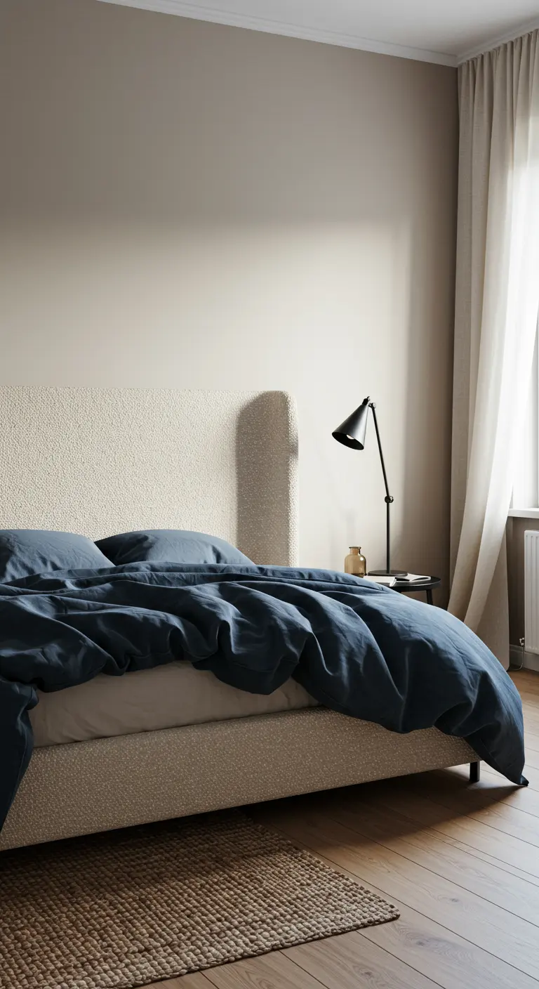 Lit avec tête de lit en tissu bouclé crème et parure de lit en lin bleu marine.