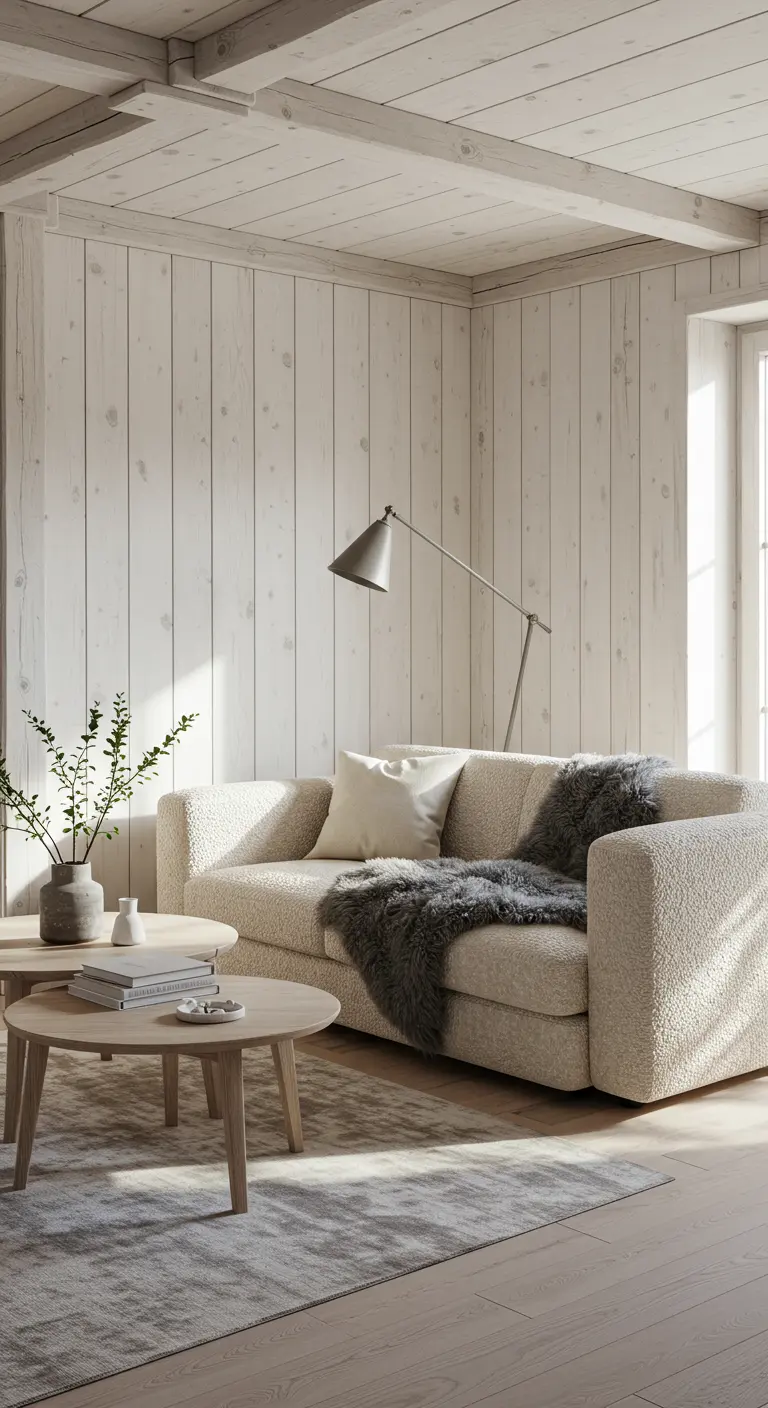 Salon scandinave avec murs en bois blanc, canapé bouclé et plaid en fausse fourrure.