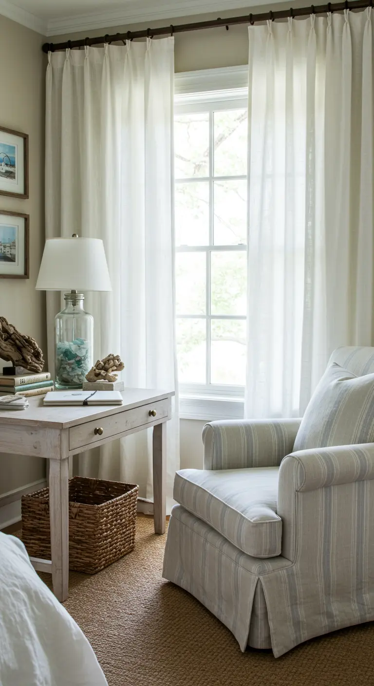 Bureau en bois blanc de style côtier avec une lampe en verre et un fauteuil à rayures.