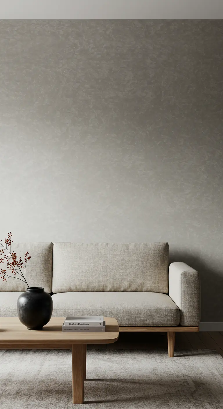 Mur d'accent avec une finition texturée gris clair, type béton ciré, derrière un canapé beige.