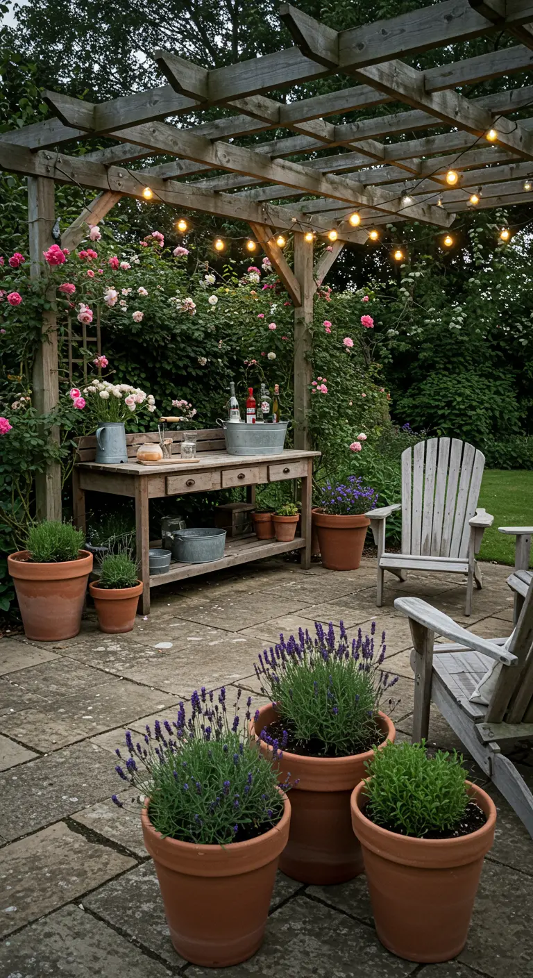 Patio de jardin avec une table de rempotage servant de bar, entouré de rosiers et de lavande.