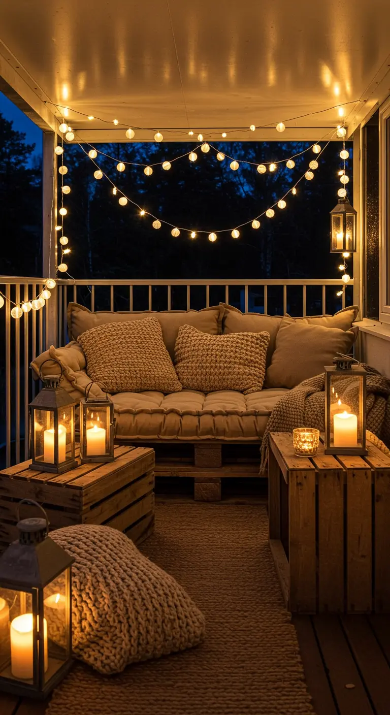 Canapé en palettes sur un balcon, avec coussins, tapis, guirlandes lumineuses et lanternes.