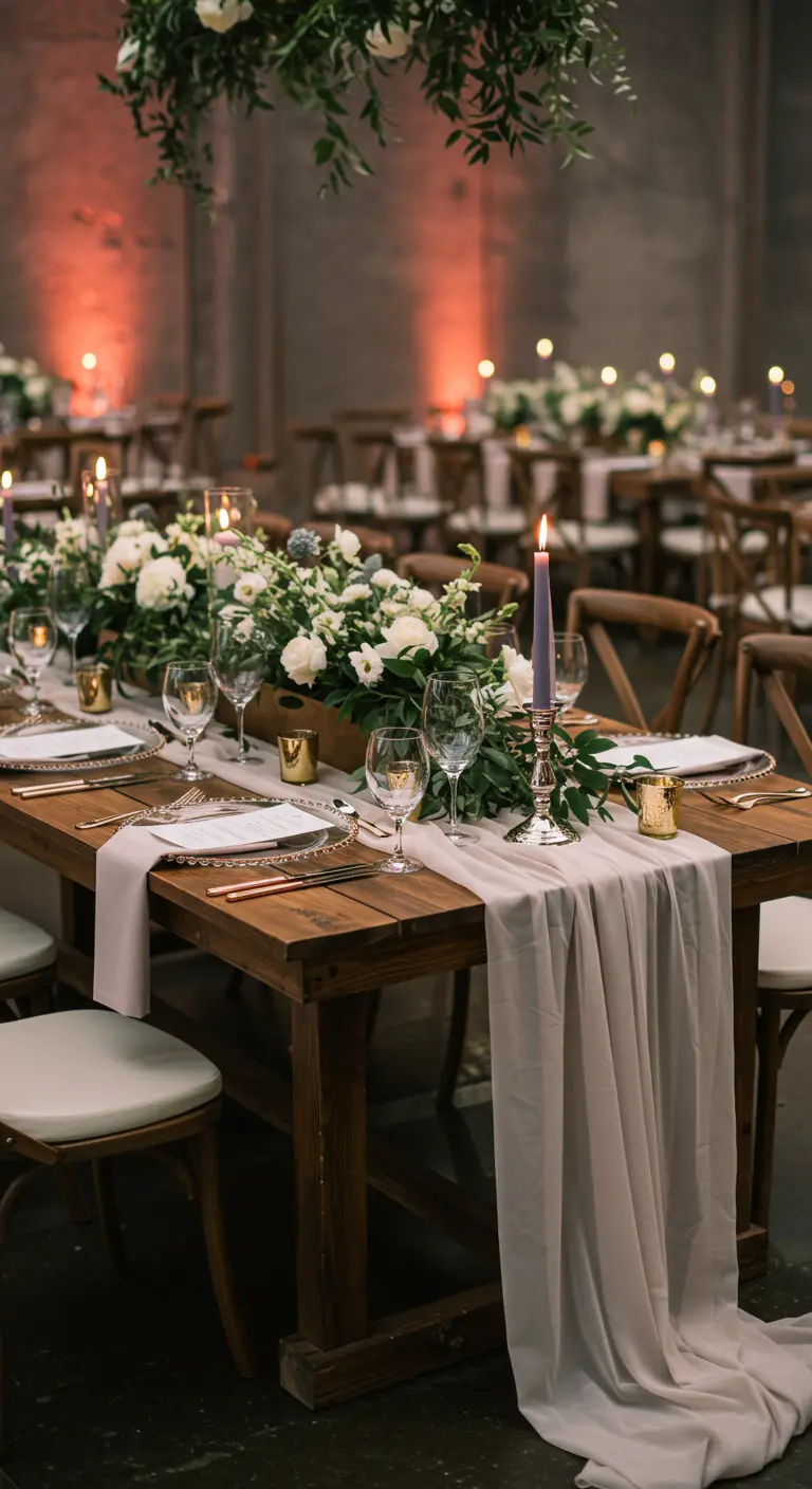 Table de mariage en bois avec chemin de table fluide et fleurs blanches.