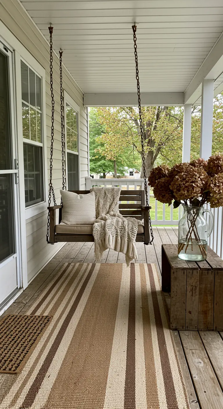 Balancelle de porche avec un tapis à rayures et un vase d'hortensias séchés.