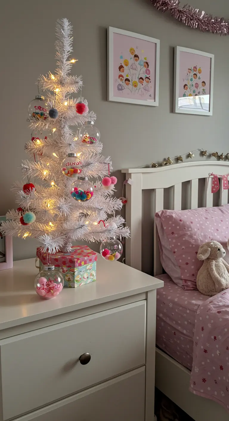 Un petit sapin blanc dans une chambre d'enfant, décoré de boules colorées.