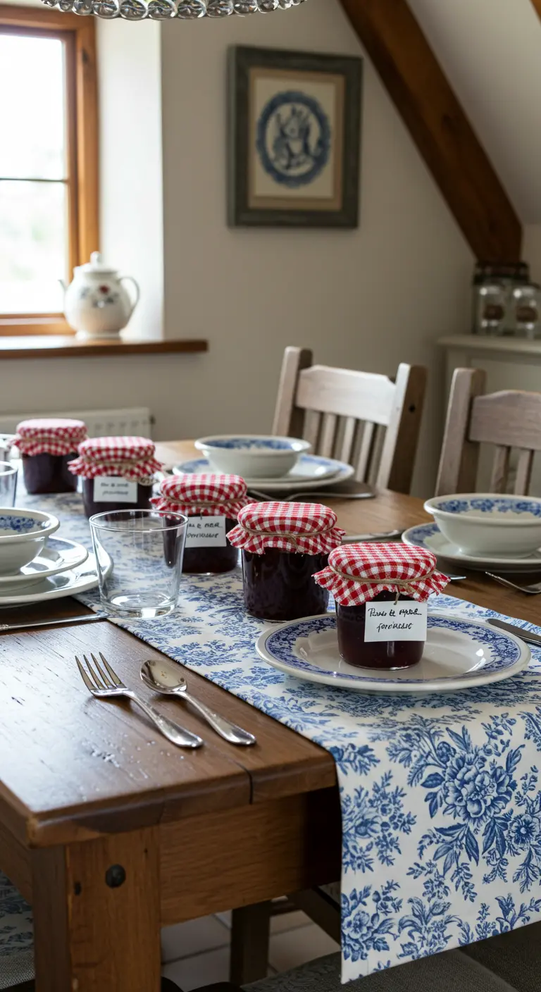 Table de style campagnard avec des pots de confiture maison comme cadeaux d'invités.