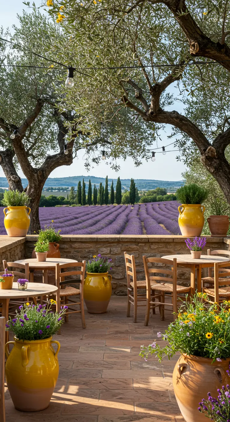 Terrasse provençale avec des oliviers éclairés, des pots jaunes et des champs de lavande à l'arrière-plan.