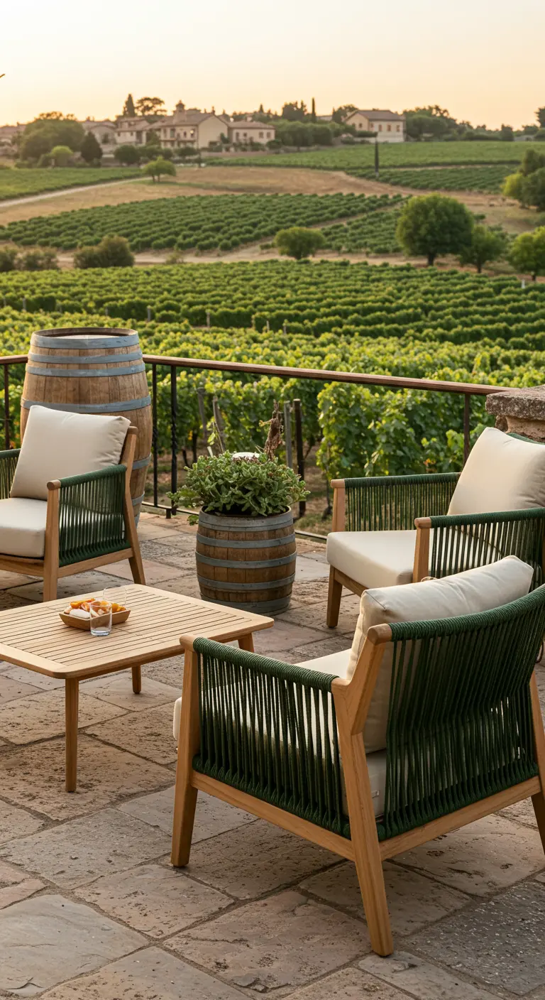 Salon de jardin avec fauteuils en bois clair et corde tressée verte, table basse en bois et tonneaux décoratifs, sur une terrasse face à un vignoble.