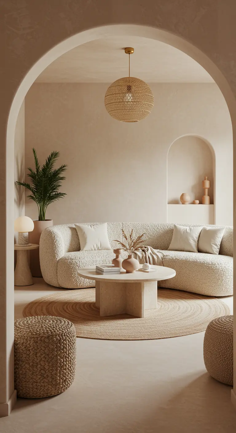 Salon aux tons beiges avec des arches murales et un canapé en tissu bouclé.