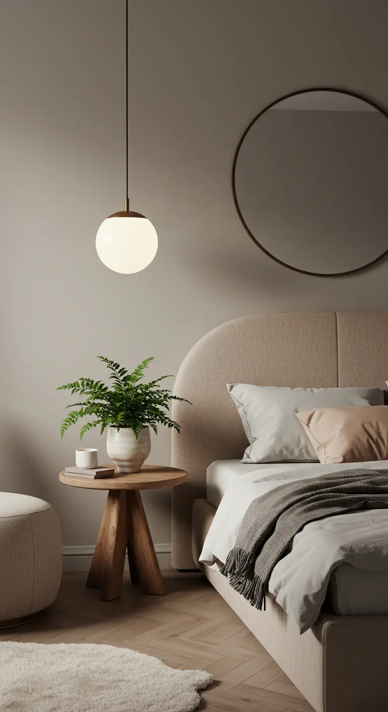 Lit avec tête de lit arrondie, table de chevet en bois et suspension globe.