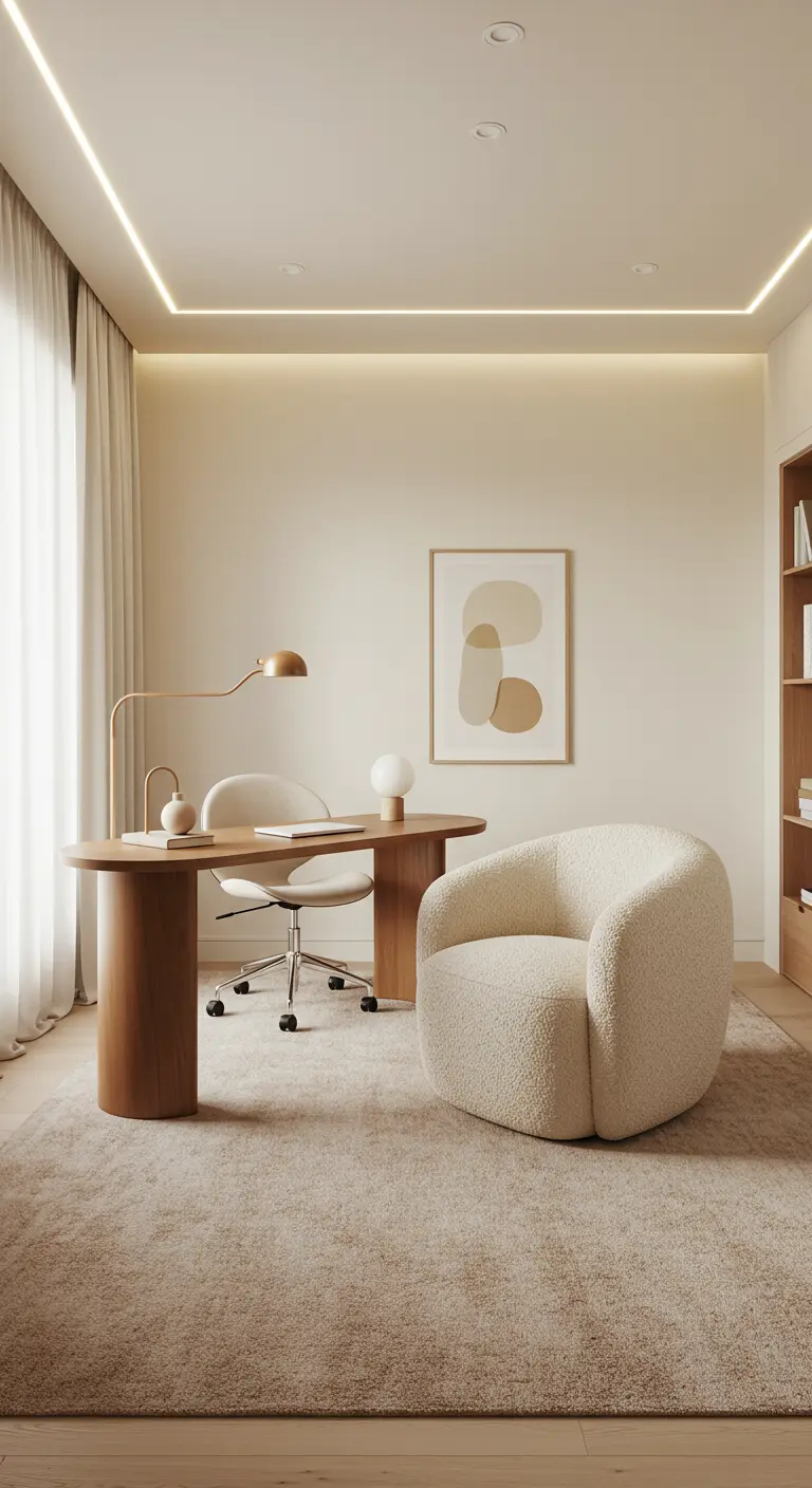 Bureau en bois aux formes arrondies, avec un fauteuil bouclé blanc dans une pièce beige.
