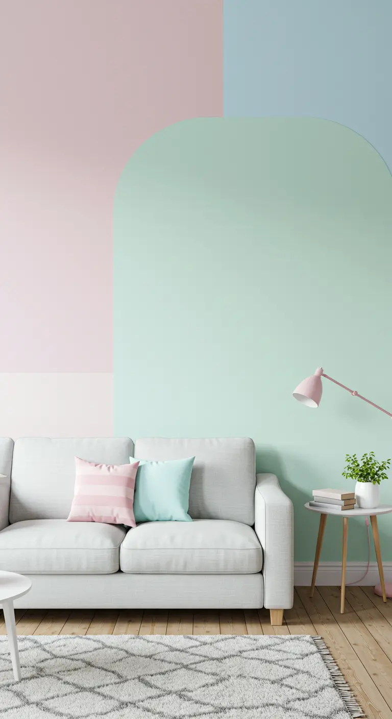 Composition murale avec des blocs de couleur rose, bleu et vert pastel, dont une forme d'arche.