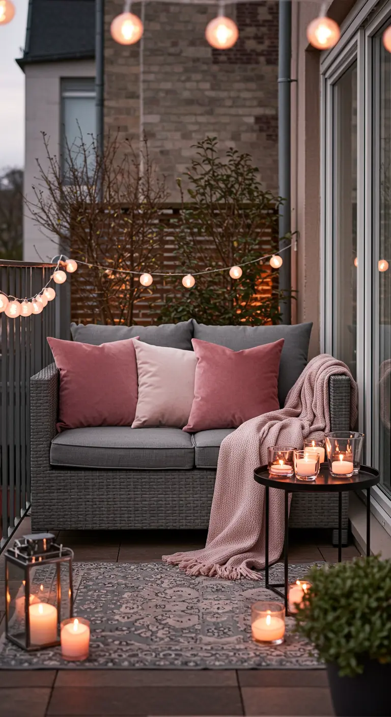 Canapé gris avec des coussins roses, éclairé par des guirlandes et de nombreuses bougies.