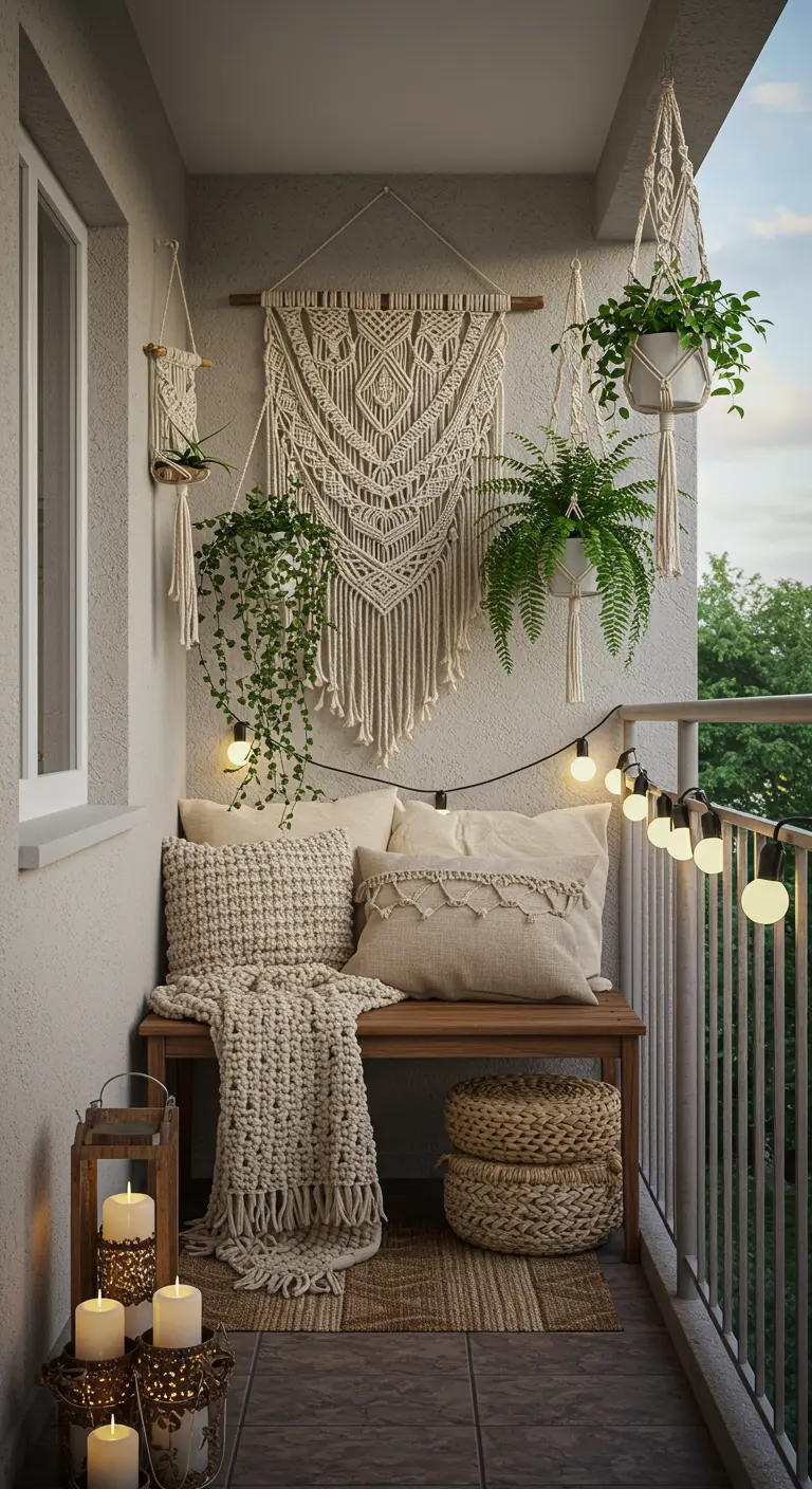 Balcon scandinave-bohème avec décorations murales en macramé et plantes suspendues.