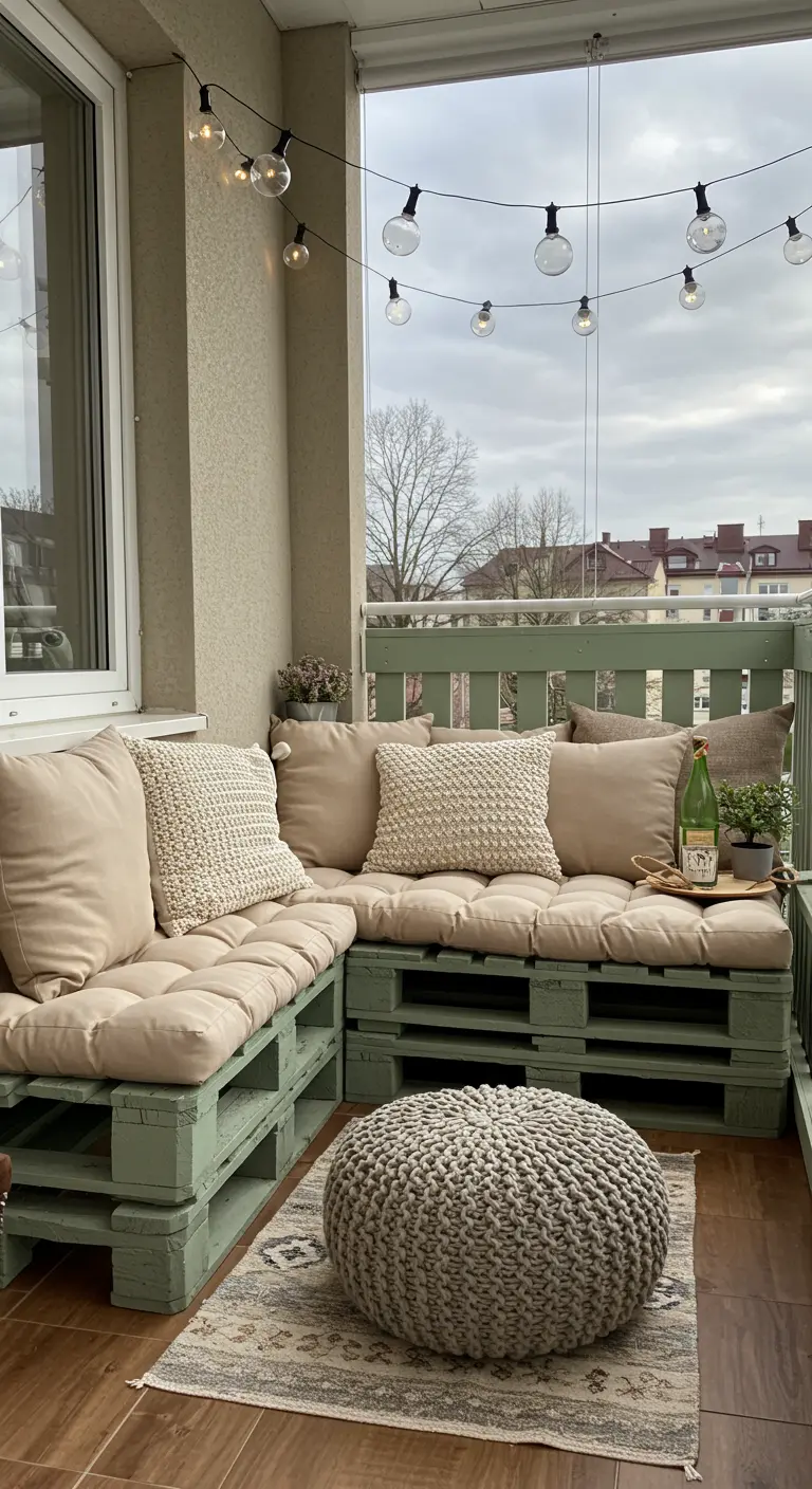 Canapé en palettes peintes en vert sur un balcon, avec des coussins beiges et un pouf.