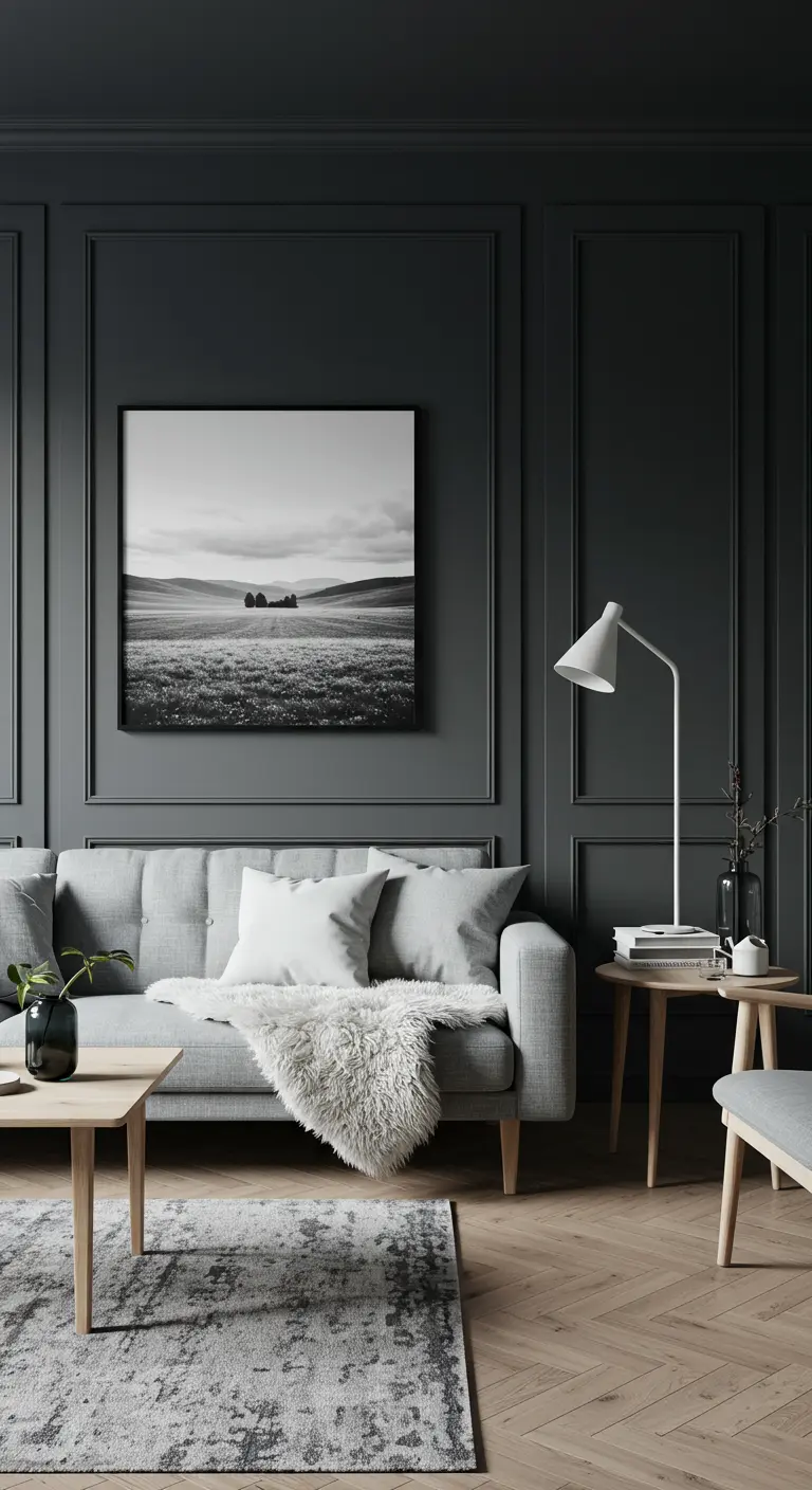 Salon scandinave avec murs gris foncé, canapé clair et parquet en chêne.