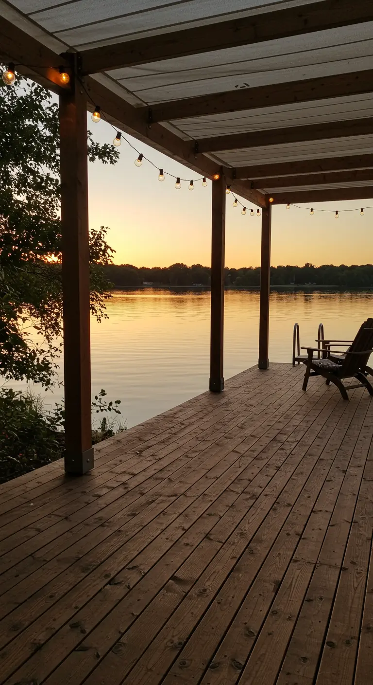 Ponton en bois couvert au bord d'un lac au coucher du soleil, éclairé par des guirlandes.