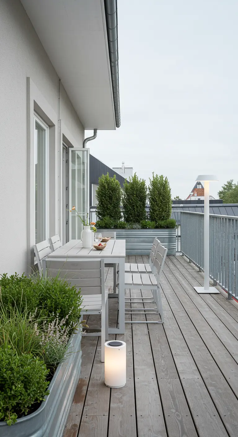 Balcon moderne avec un mobilier gris et de longues jardinières en métal galvanisé