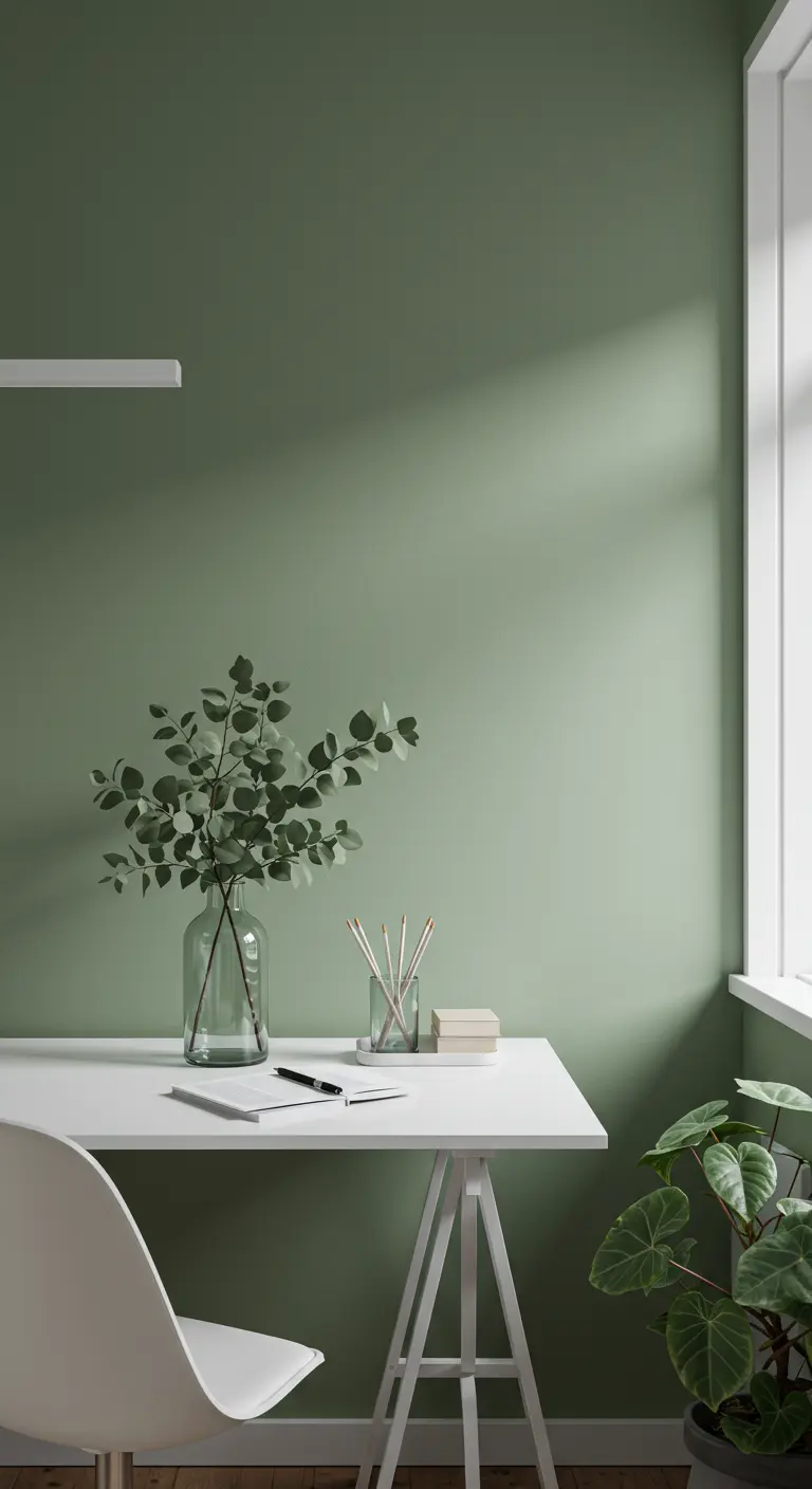 Bureau blanc minimaliste devant un mur peint en vert sauge, avec un vase d'eucalyptus.