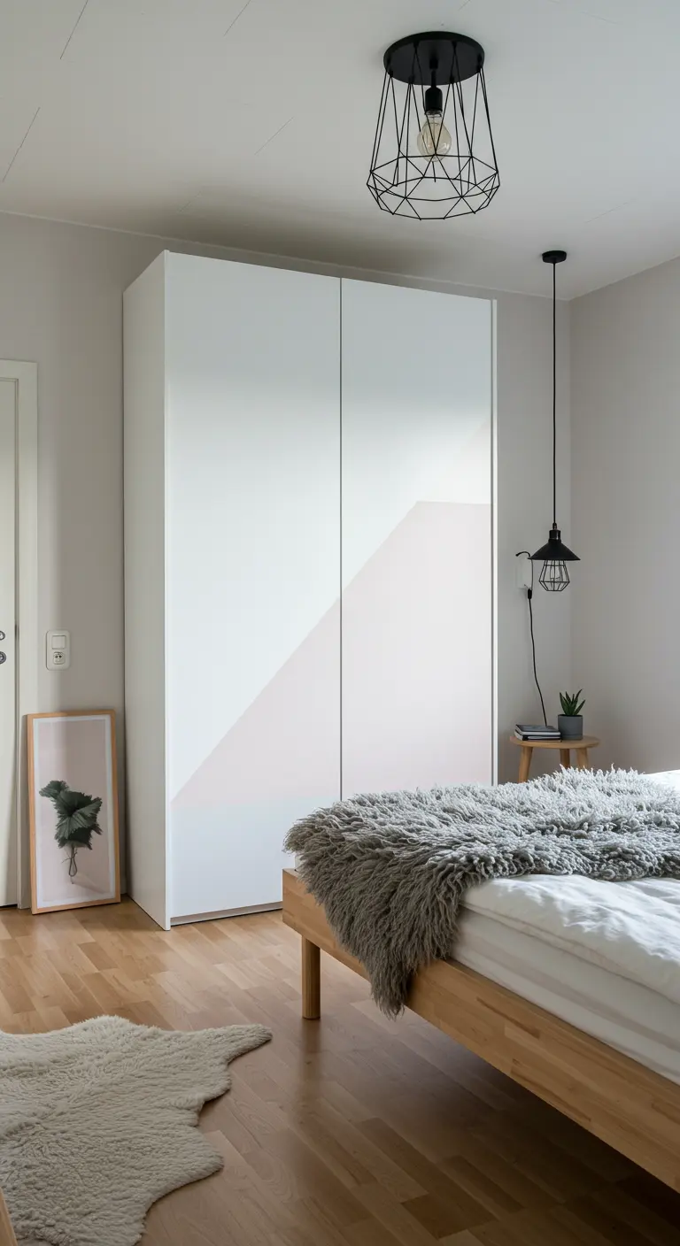 Armoire blanche avec un motif géométrique peint en rose poudré et gris clair.