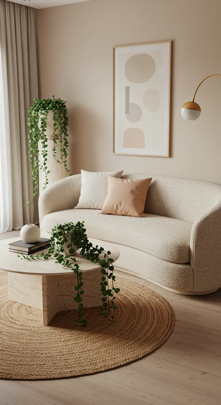 Salon aux tons beiges avec un canapé arrondi, une table basse en marbre et une plante grimpante.