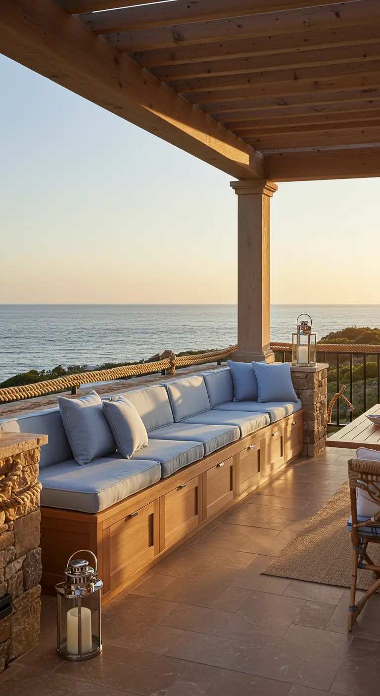 Grande banquette en bois avec tiroirs et coussins bleu clair, face à la mer.