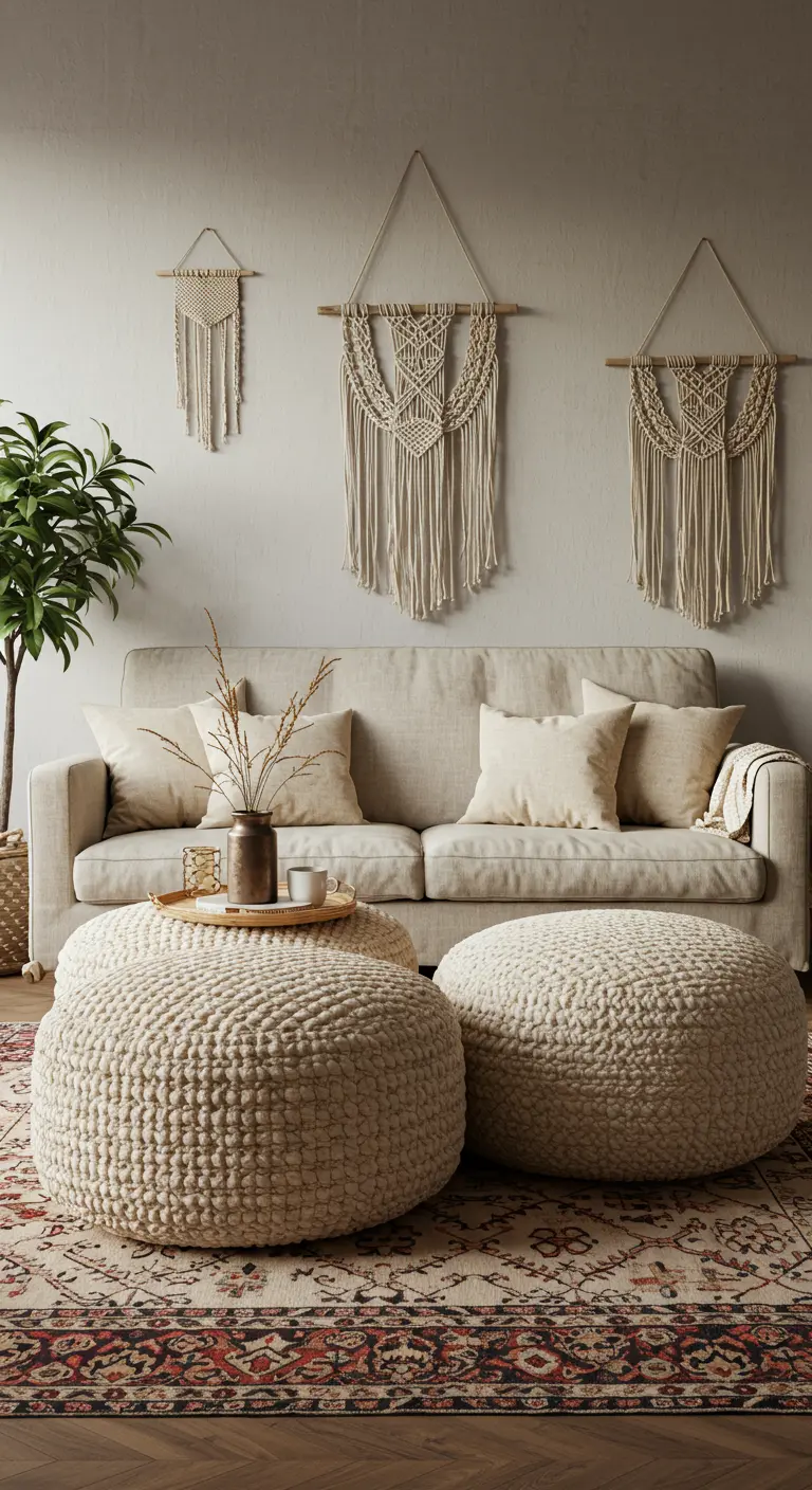 Deux grands poufs ronds en tricot beige servant de table basse sur un tapis oriental.
