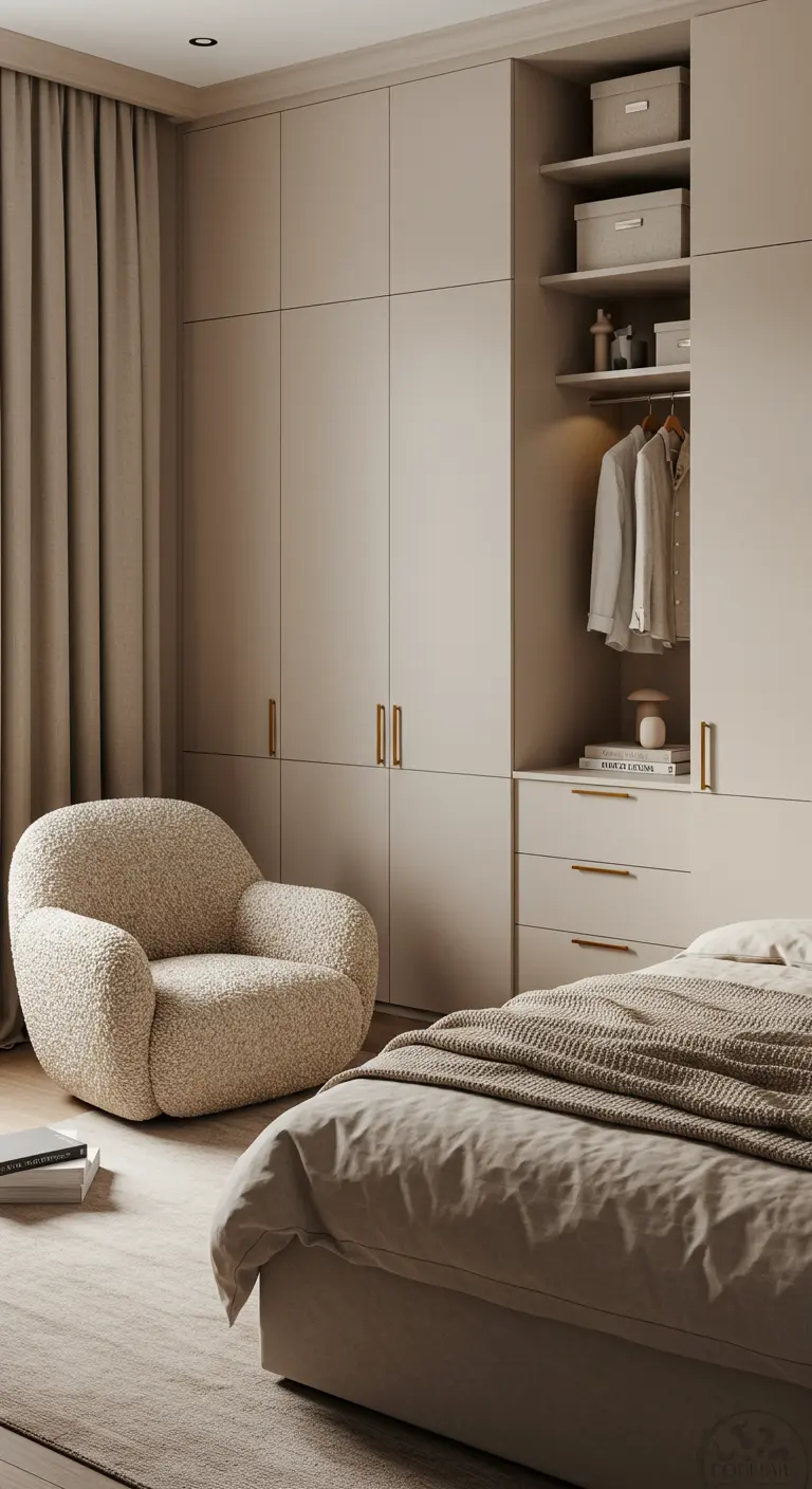 Chambre apaisante dans les tons beiges avec un fauteuil en tissu bouclette.