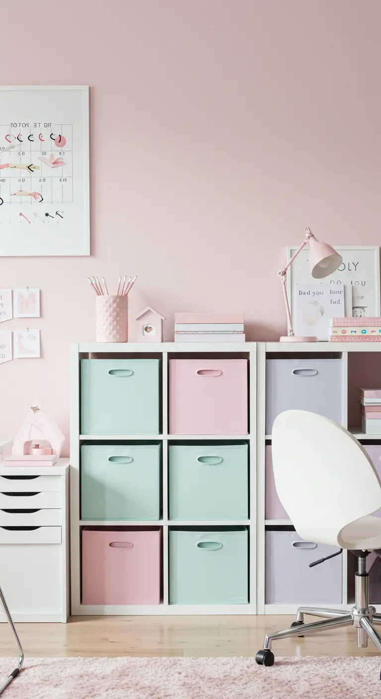 Bureau blanc et rose avec un meuble à casiers rempli de boîtes de rangement de couleurs pastel.