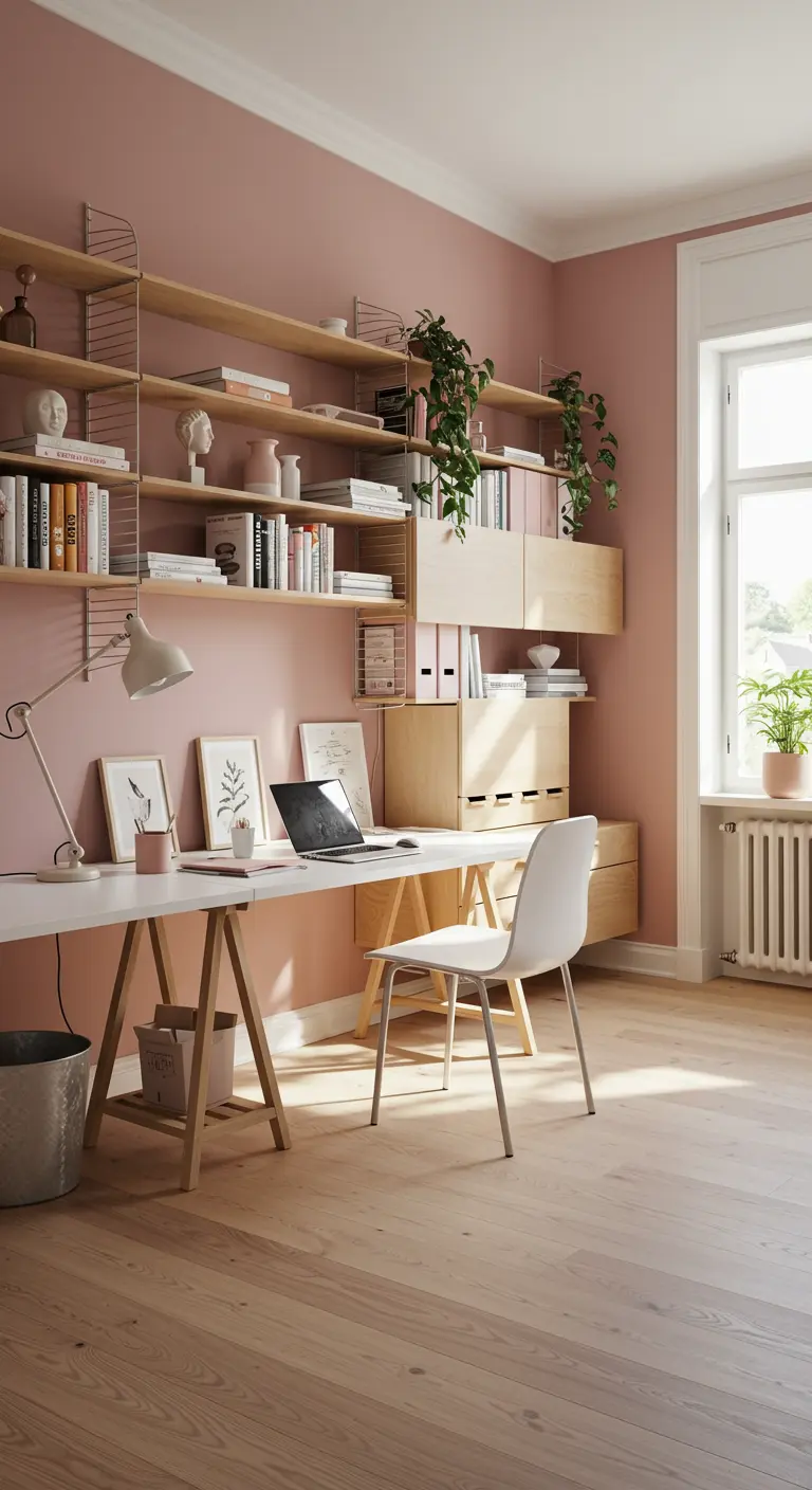 Grand bureau avec étagères modulaires en bois sur un mur rose poudré.