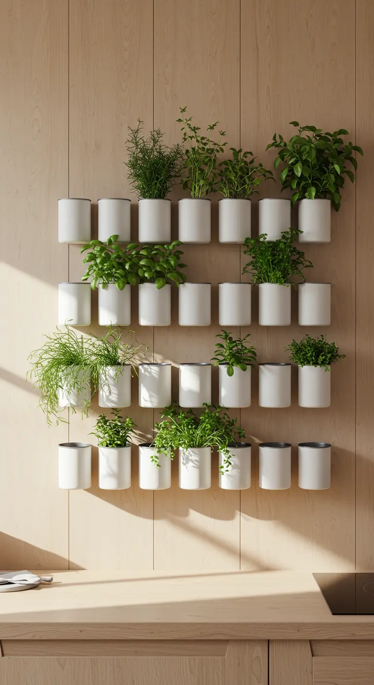 Mur végétal avec une grille de pots cylindriques blancs et herbes sur un panneau de bois clair.