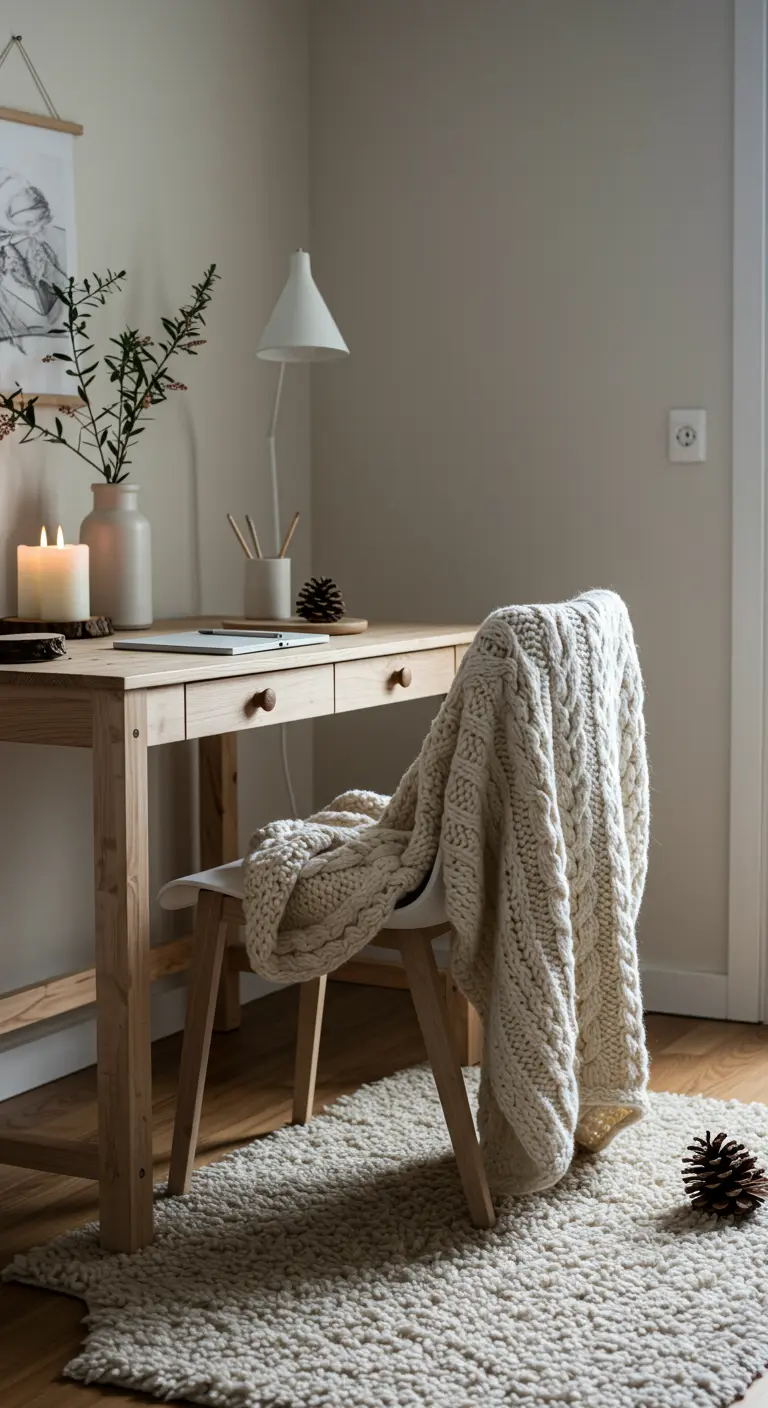 Bureau en bois clair avec un grand plaid en tricot et des bougies, style scandinave.