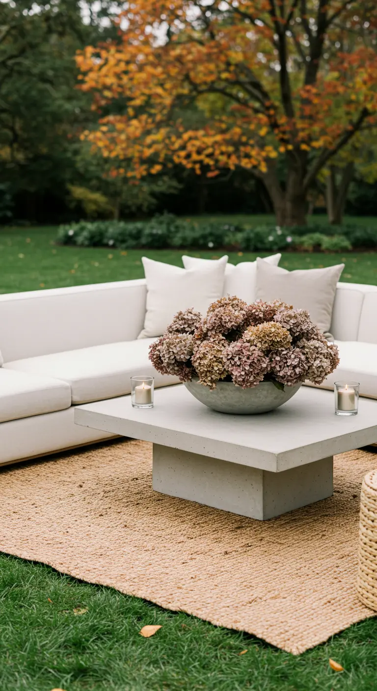 Salon de jardin blanc sur l'herbe avec une table basse et un bol d'hortensias.