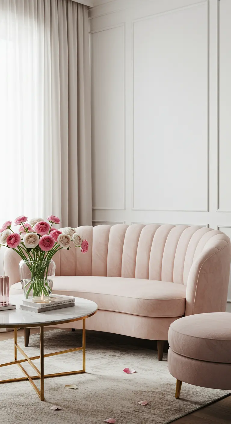 Salon avec un canapé coquillage en velours rose et un bouquet de renoncules