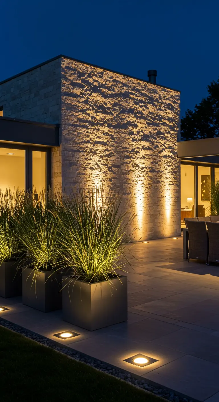 Mur de maison moderne en pierre éclairé par des spots lumineux venant du sol.