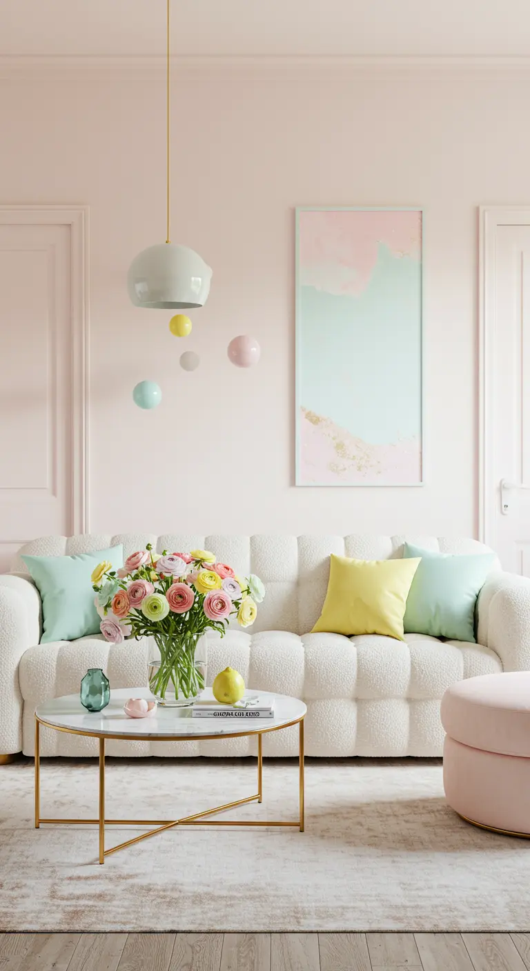 Salon avec murs roses, canapé blanc et coussins pastel multicolores