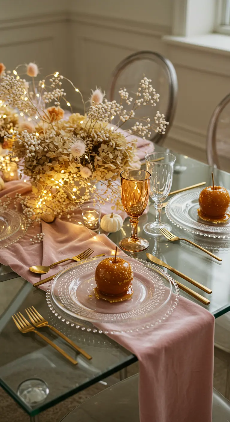 Table en verre avec chemin de table rose et guirlandes lumineuses.