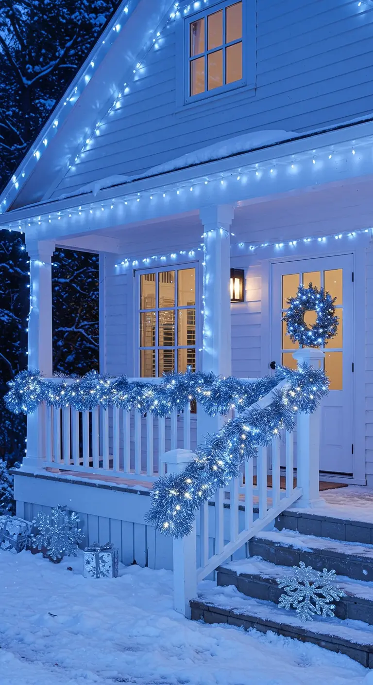 Maison blanche décorée de guirlandes lumineuses bleues, de tinsel argenté et de flocons de neige lumineux.