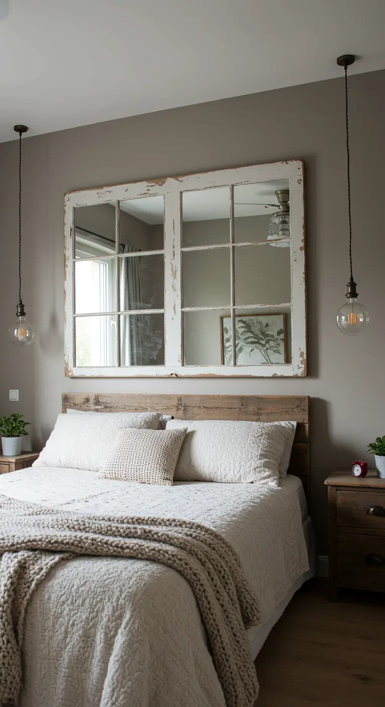 Une vieille fenêtre en bois blanc avec des miroirs à la place des vitres, utilisée comme tête de lit.