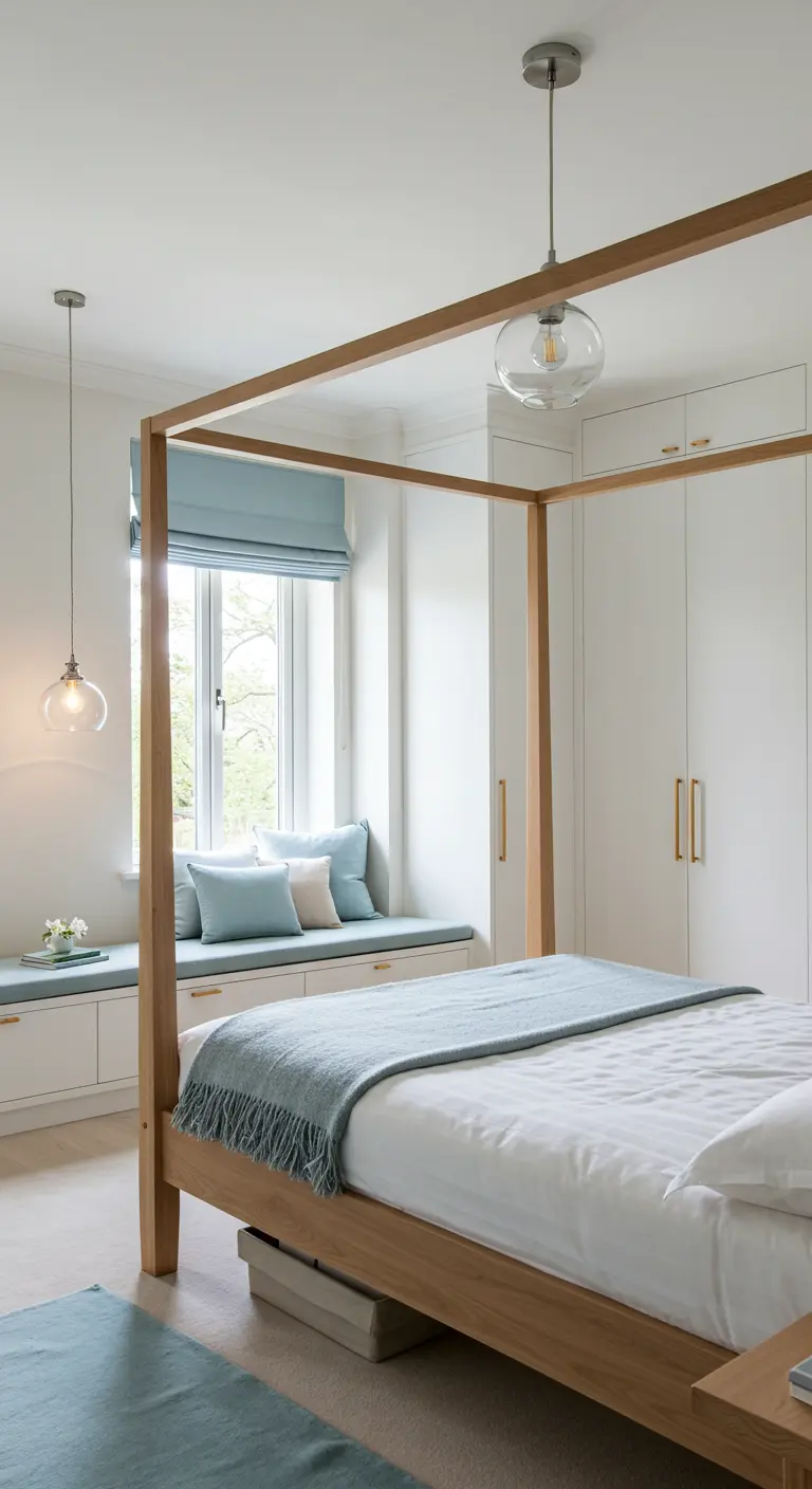 Chambre lumineuse avec lit à baldaquin moderne et banquette intégrée sous la fenêtre.