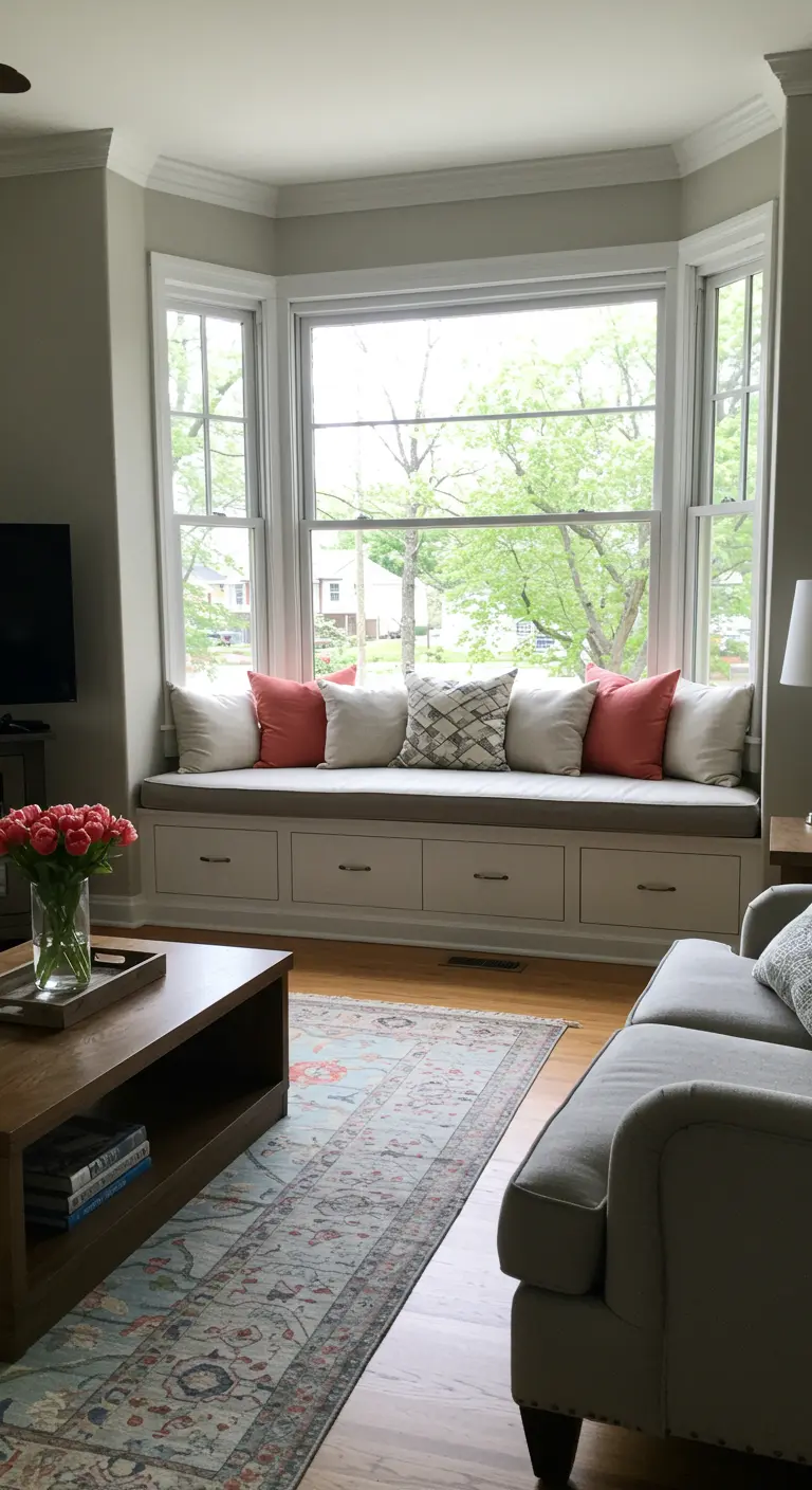 Banquette de rangement intégrée dans une baie vitrée avec des coussins colorés.